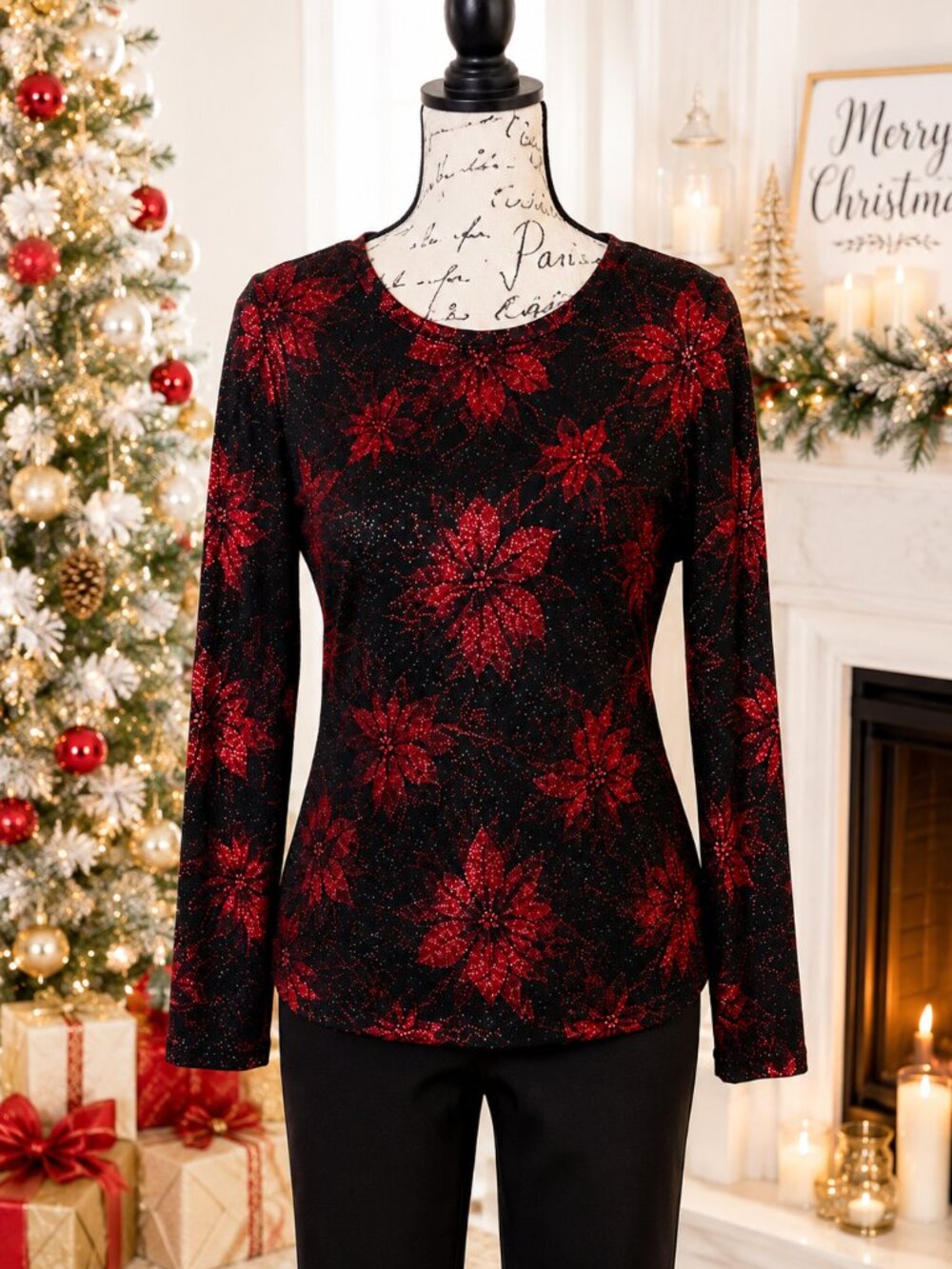 White Stag Holiday Sparkle Floral Knit Top L - Picture 2 of 9